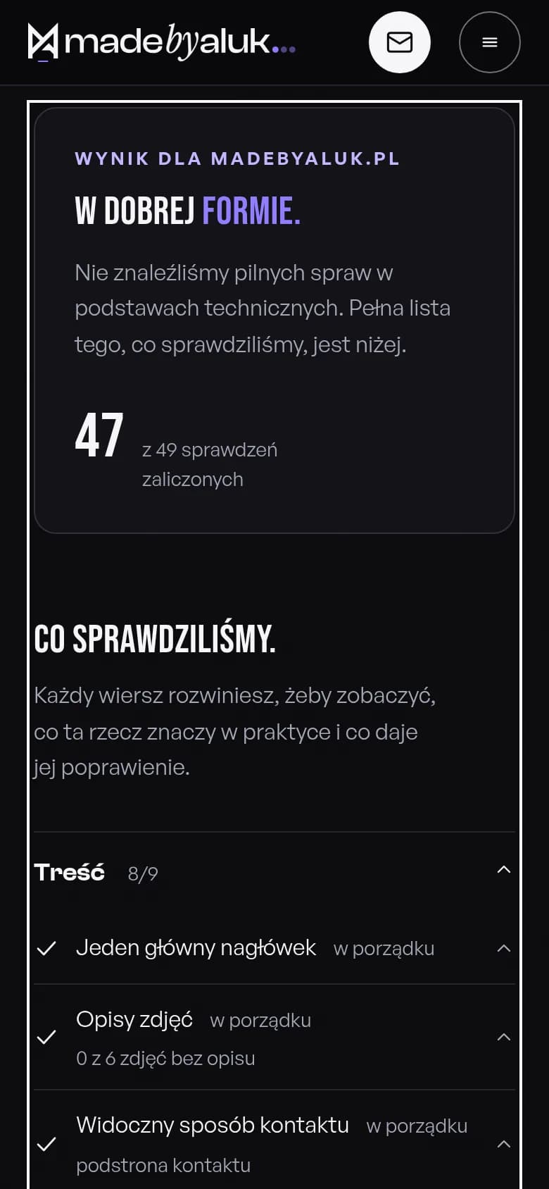 Wynik audytu strony madebyaluk.pl: werdykt „W dobrej formie”, 47 z 49 sprawdzeń zaliczonych, niżej lista obszarów do rozwinięcia