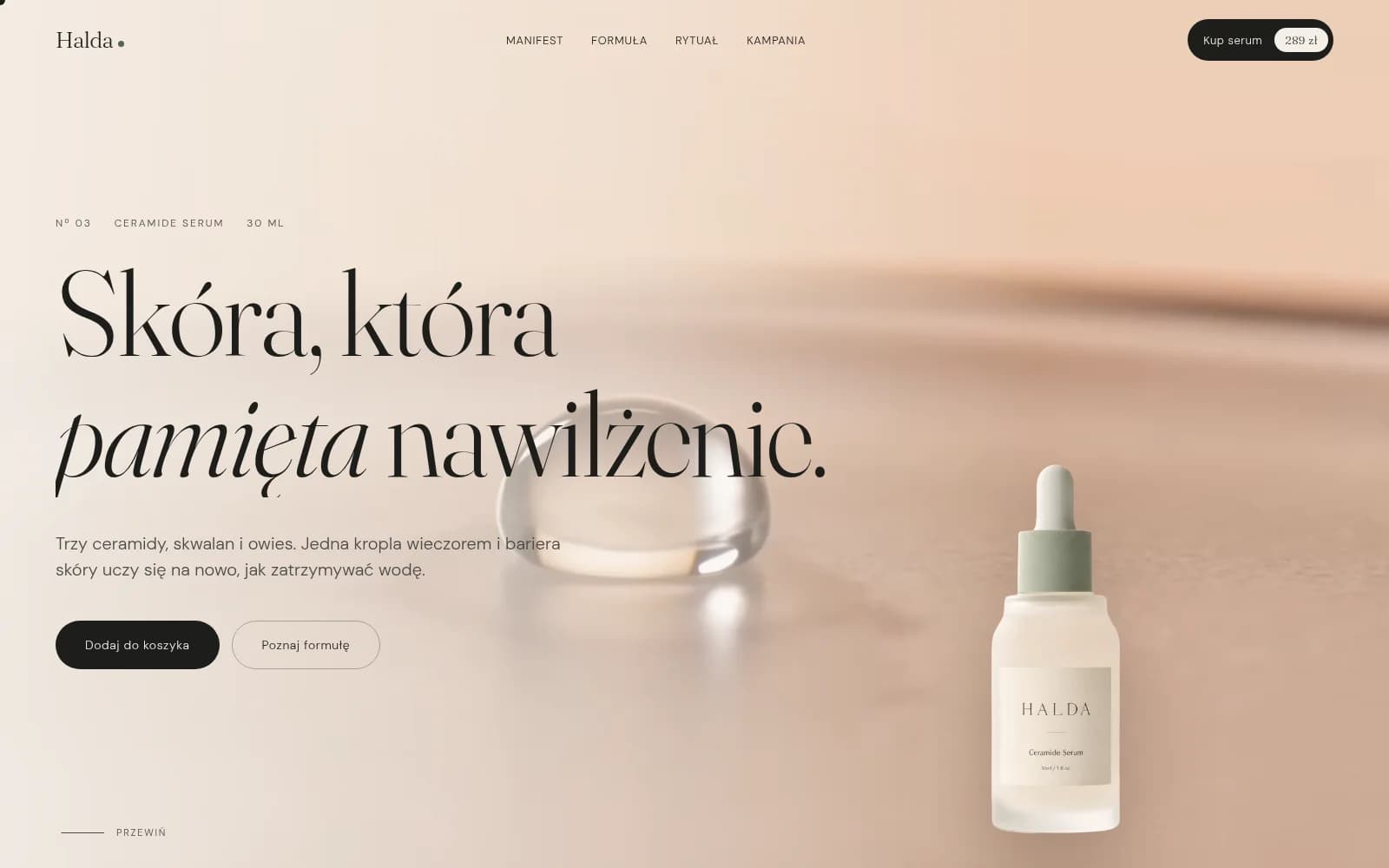 Strona główna prezentacji Halda: hero z kroplą serum na ciemnym tle i tytułem marki