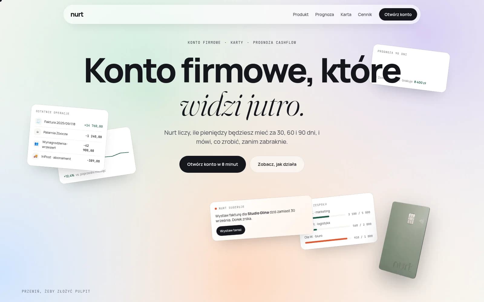 Strona główna prezentacji Nurt: siatka gradientów na canvasie i kafelki pulpitu konta firmowego