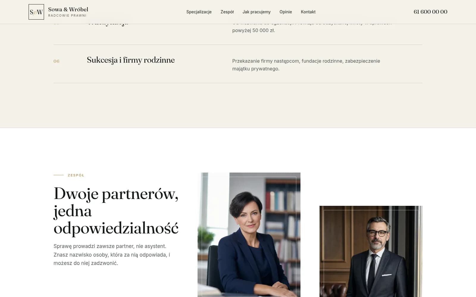 Prezentacja Sowa & Wróbel: koniec listy specjalizacji i sekcja zespołu z portretami dwojga partnerów