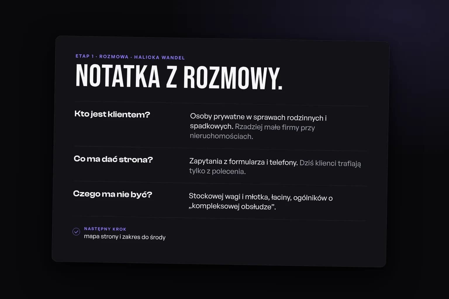 Notatka z rozmowy: kto jest klientem, co ma dać strona i czego ma na niej nie być