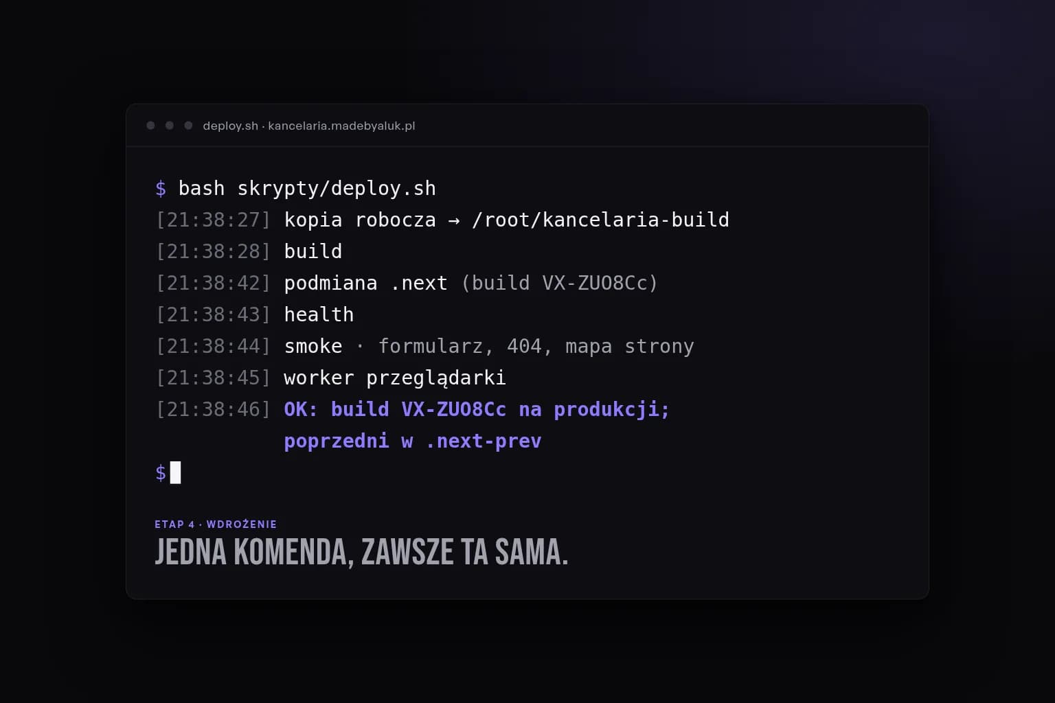 Terminal z logiem wdrożenia: build, podmiana wersji, health, smoke i potwierdzenie, że nowa wersja jest na produkcji